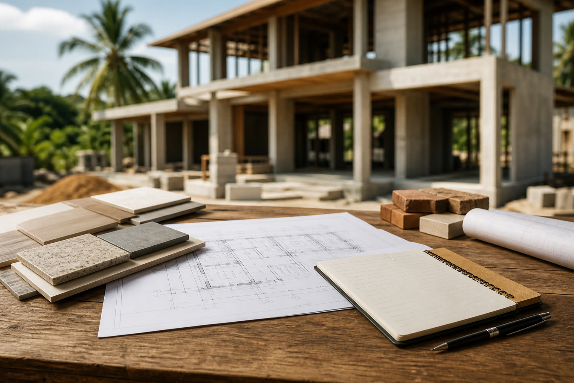 House plans and material samples on a planning table with a build structure behind