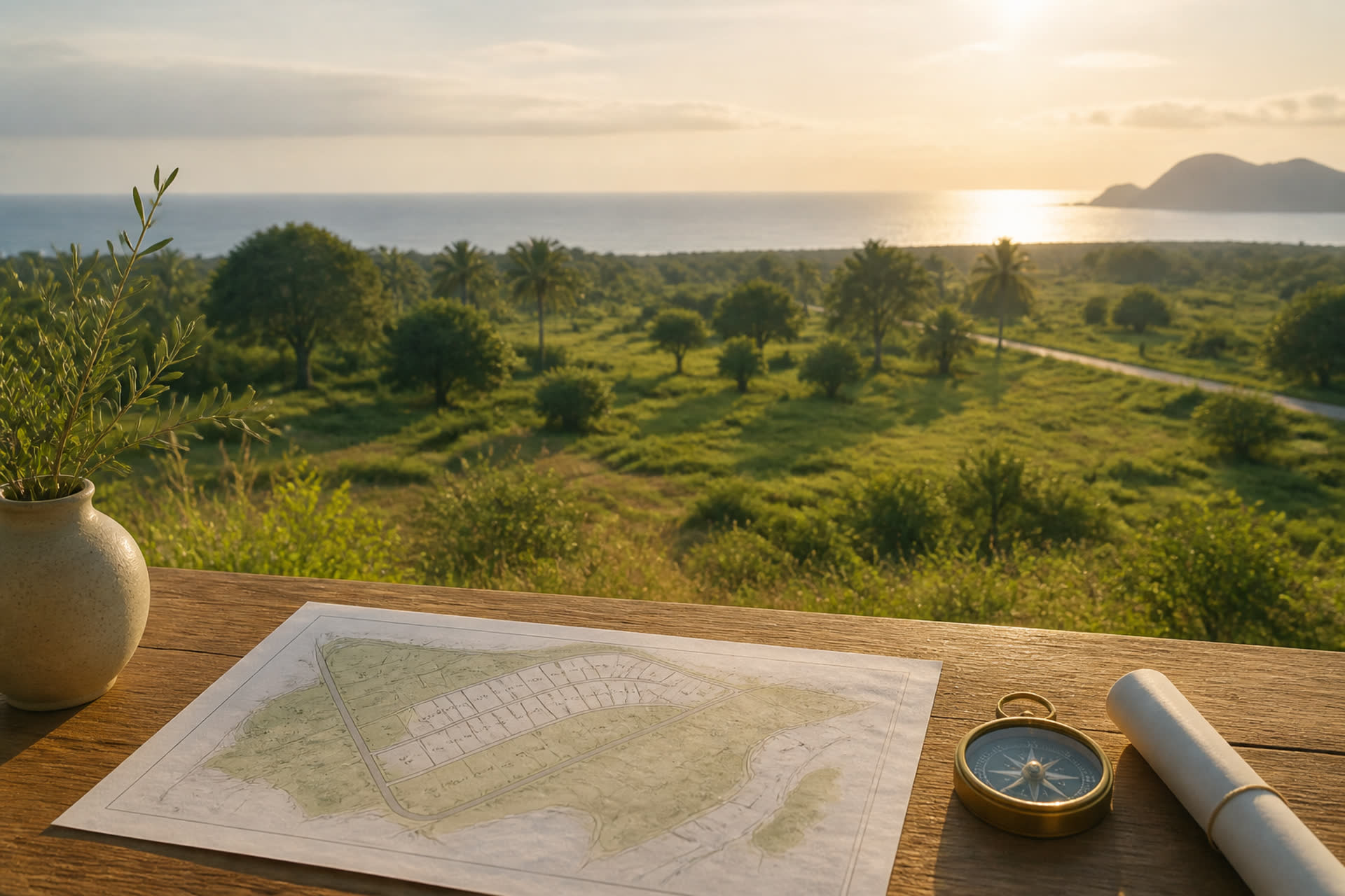 Map and compass on a teak table overlooking coastal land near Hua Hin
