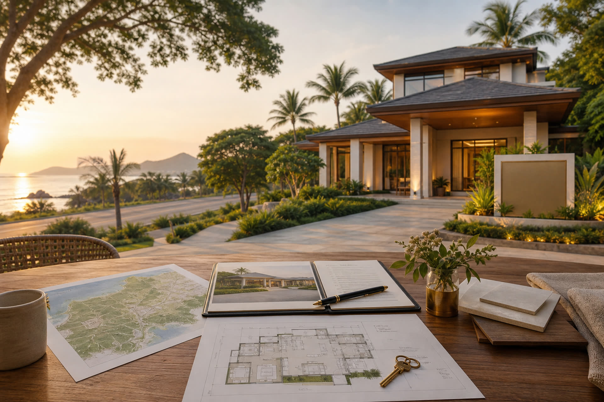 Planning table with map, key, and house plans looking toward a Hua Hin villa — the property customer journey