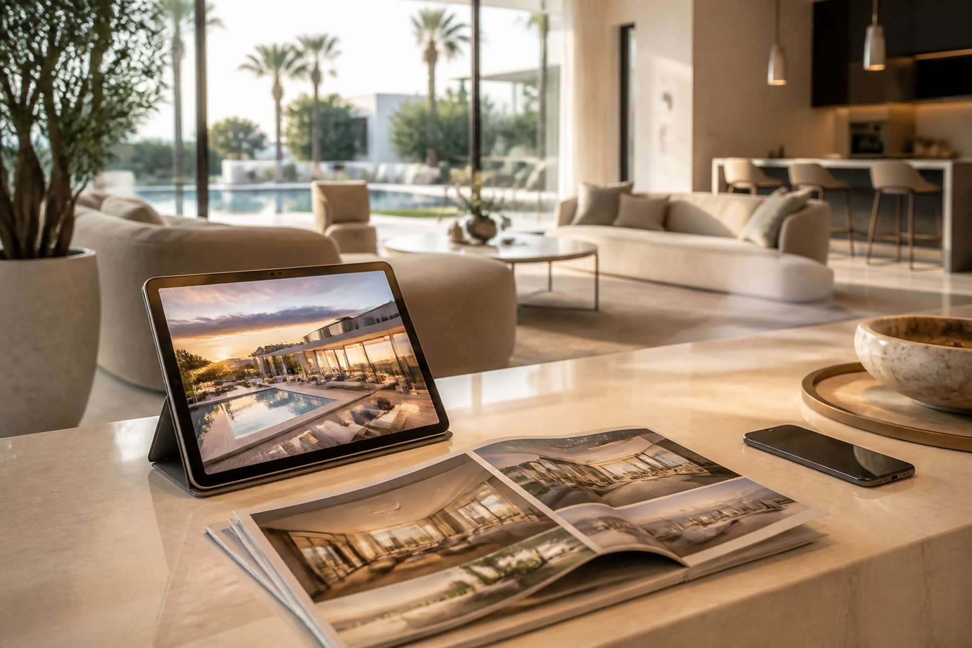Workspace with tablet and listing brochure inside a holiday home