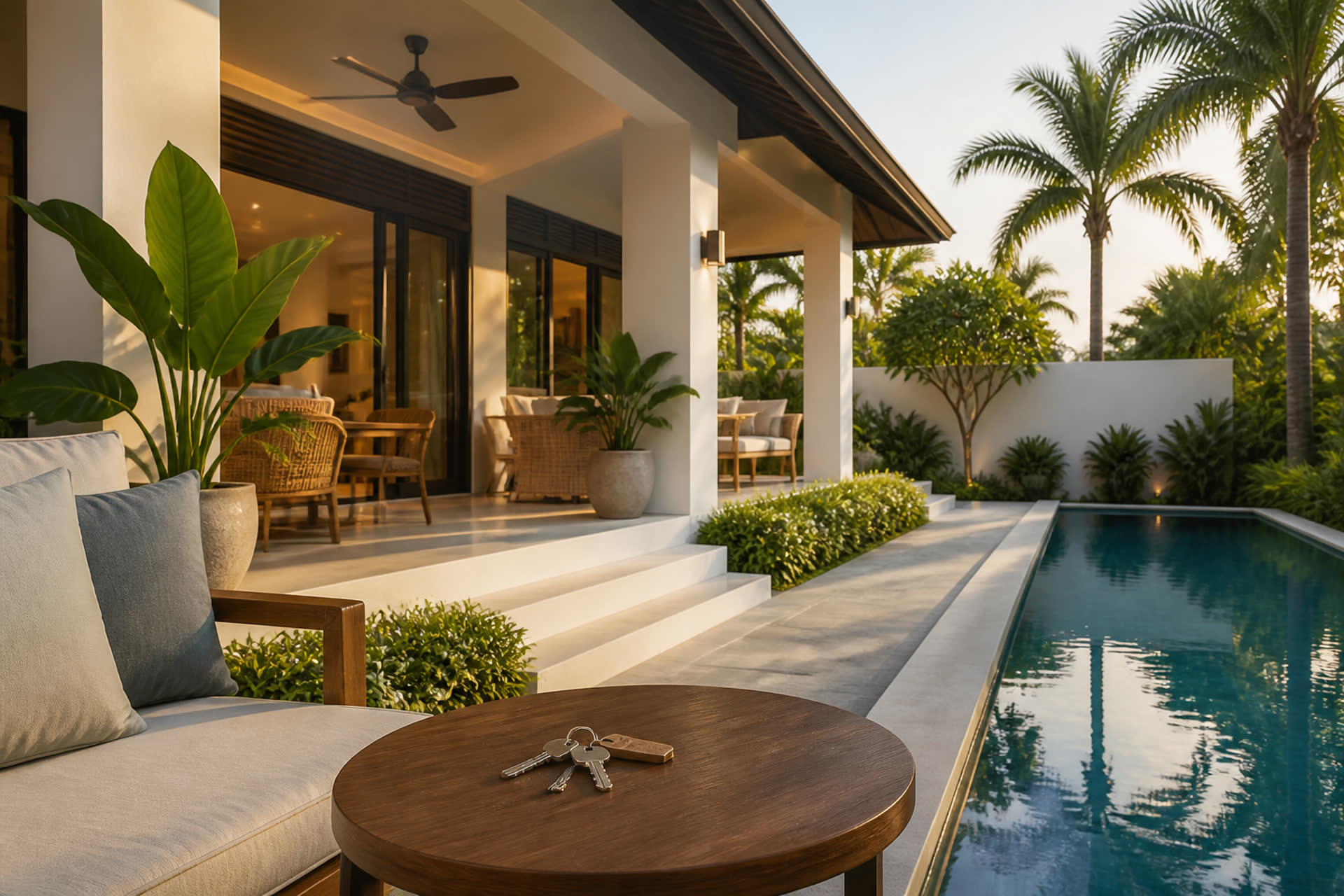 A prepared premium villa ready for presentation, with house keys on a side table