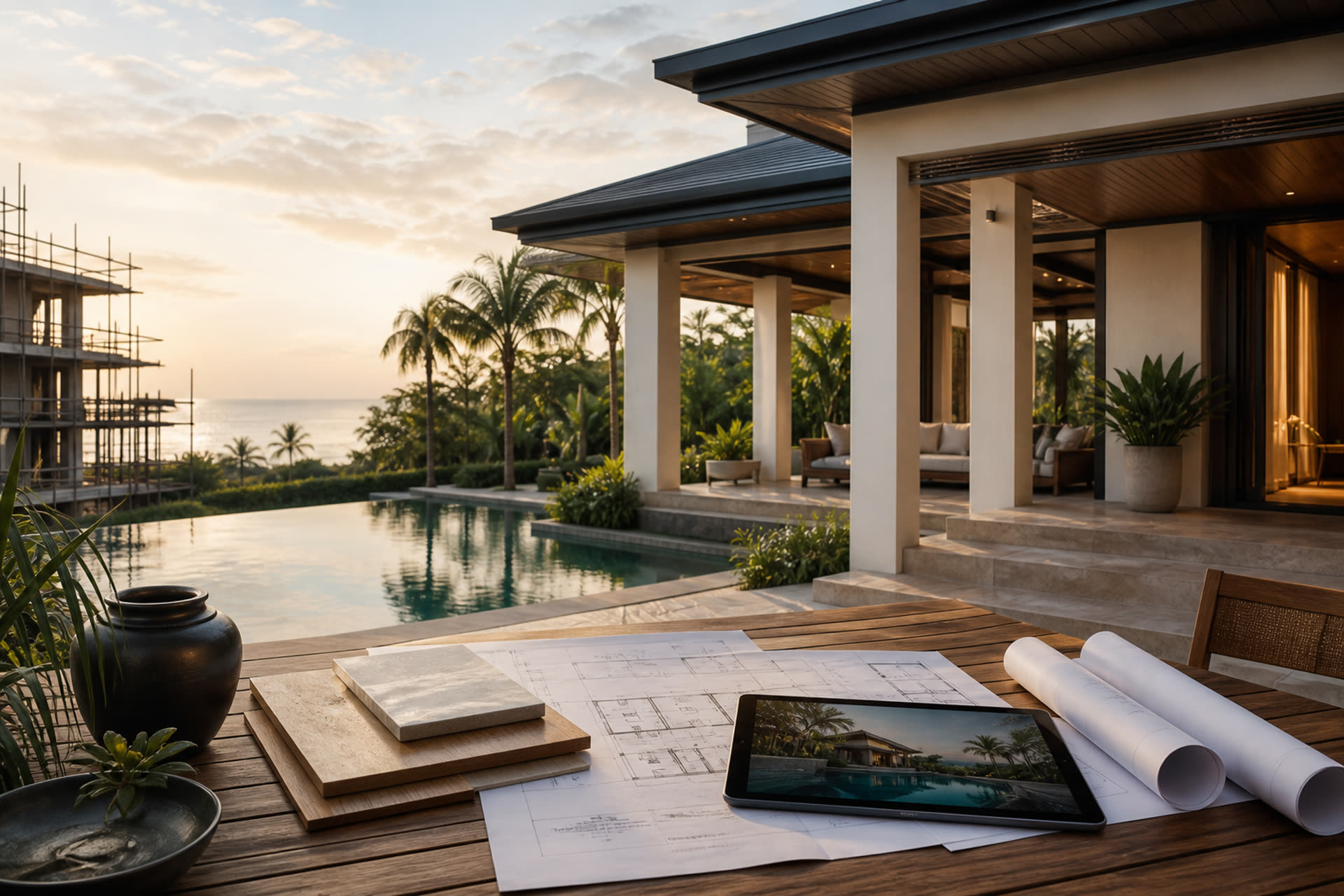 Premium villa with pool, construction plans, and listing tablet — real estate, marketing, and construction