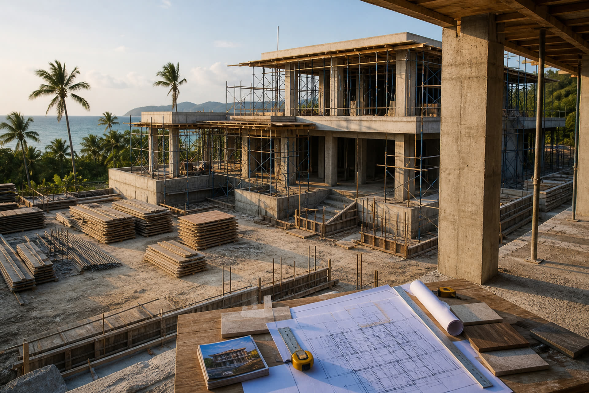 Villa construction site with architectural plans — construction services