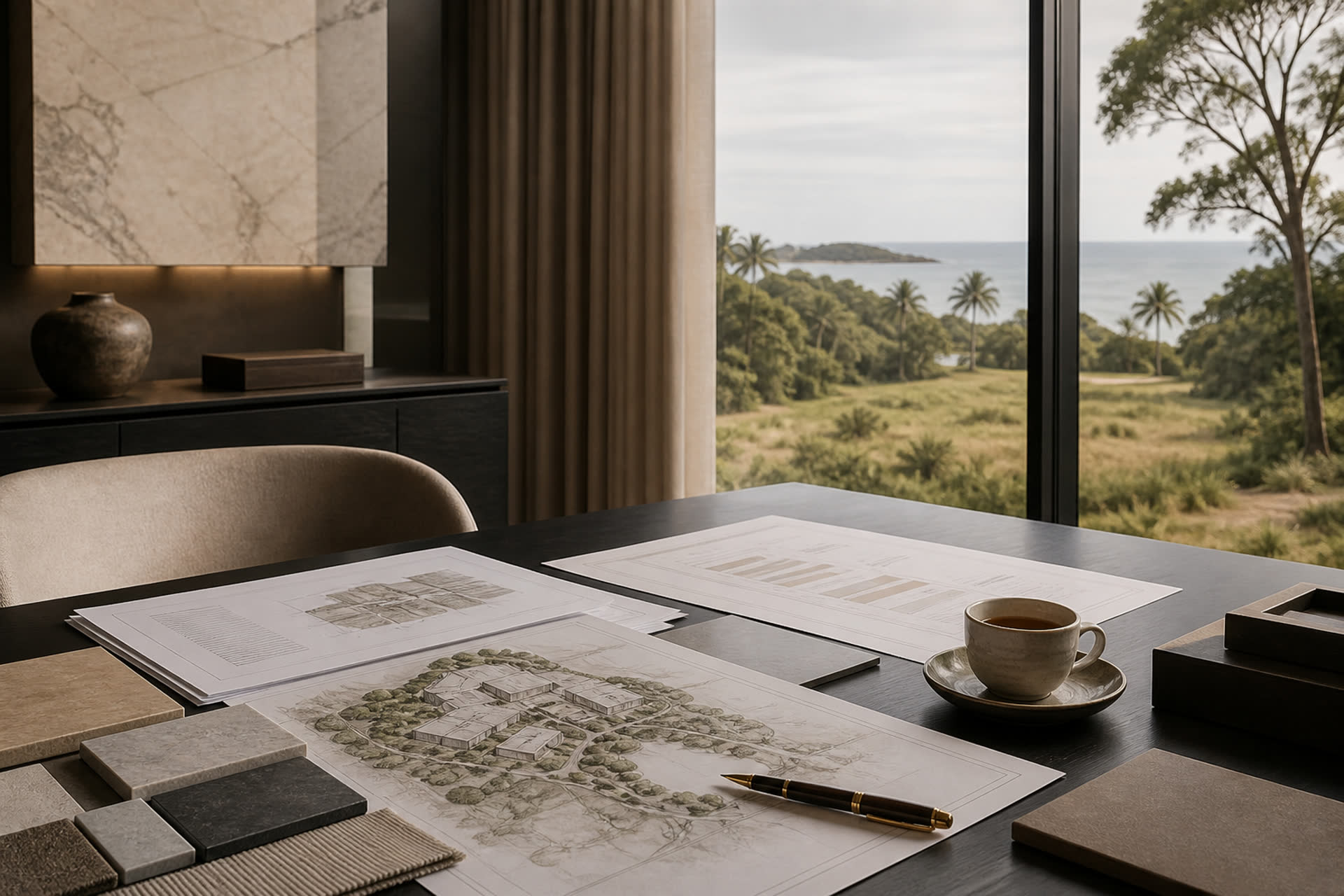 Consultation table with land plans and material samples — consulting services
