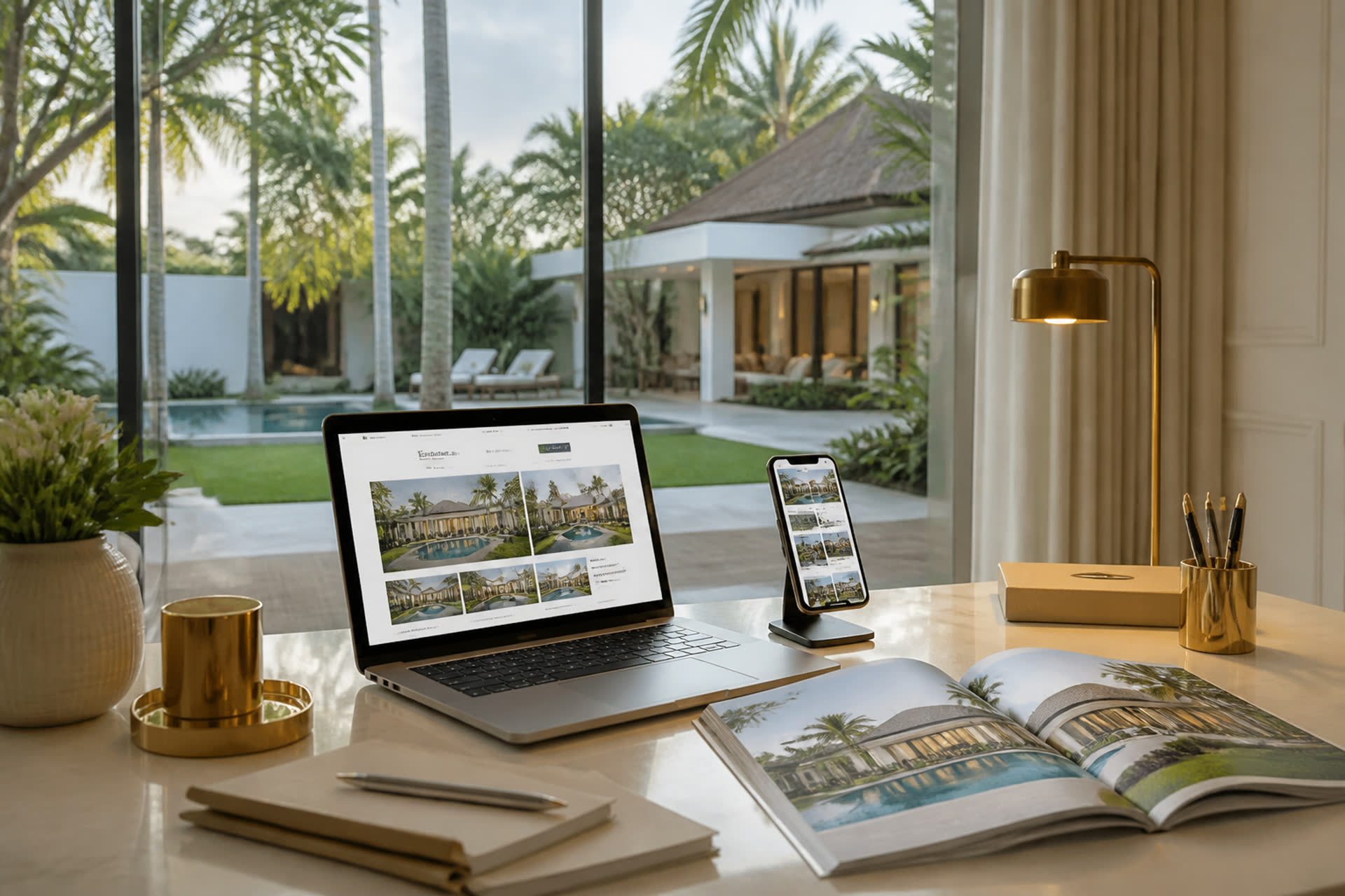 Desk with laptop and villa listing brochure — marketing services
